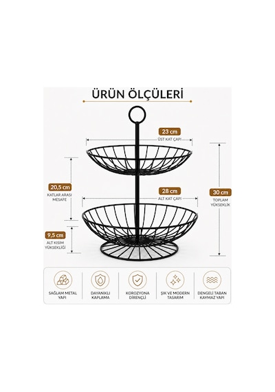 2 Katlı Metal Meyve Sepeti Siyah Geniş Hacimli Çok Amaçlı Meyvelik Sebzelik Sunum Standı Kaymaz Ayaklı Modern Mutfak Organizer Diğer