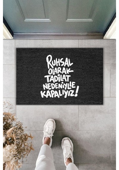 Rugmood Modern Dijital Baskı - Ruhsal Olarak Tadilat Nedeniyle Kapalıyız - Kapı Önü Paspası Siyah