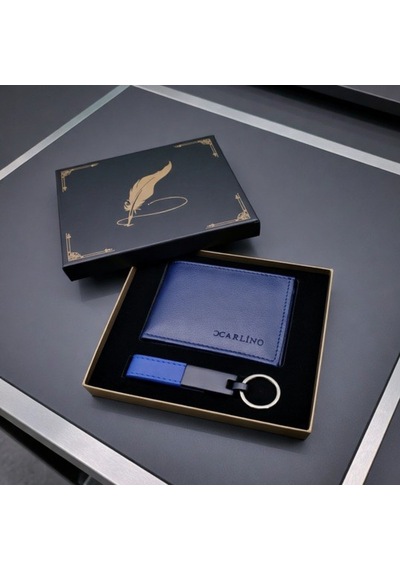 Premium Popüler Hediye Erkek Aksesuar Metal Detaylı Mavi Cüzdan Anahtarlık Set