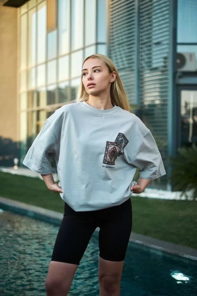 Amorluxe Unisex Bisiklet Yaka Baskılı Oversize T-shirt - Boyalı Gri