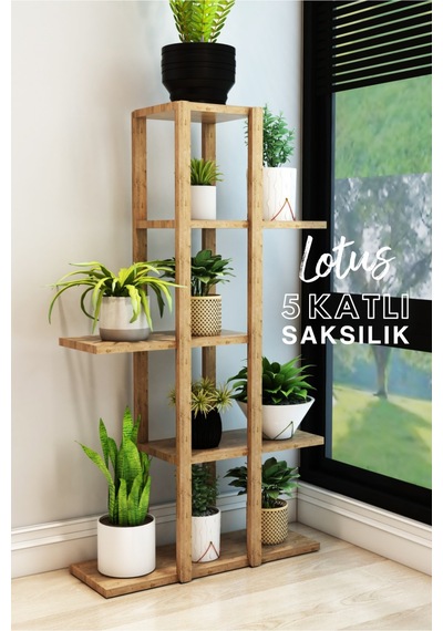 Lotus Atlantik Çam Ahşap 5 Katlı Çiçeklik, Saksılık, Çiçek Standı, Dekoratif Raf-çok Amaçlı Kullanım Çam - 630451522 Çam