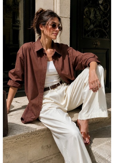 Bb Butik Basic Kadın Oversize Poplin Gömlek Uzun Kollu Basic Gömlek Tr0735 kahverengi