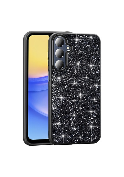 Samsung Uyumlu Galaxy A16 Kılıf Simli Pırlanta Taşlı Kamera Yükseltili Silikon Vardar Siyah