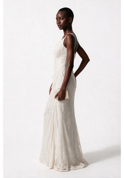Ankyra Kadın Askılı Dantel İşlemeli Korse Detaylı Uzun Abiye Elbise 26y5902 Ekru