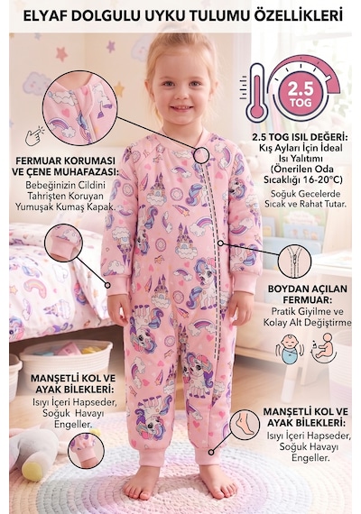 Babymod Elyaf Dolgulu 2.5 Tog 100% Pamuk Penye Astarlı Premium Kalite Kız Çocuk Uyku Tulumu Pembe