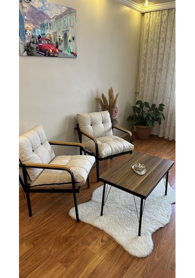 Modern Style Home Modern Levent Balkon, Bahçe, Cafe - Metal Kanepe Koltuk Takımı 2 Tekli + Sehpa Krem Modernk048 Krem