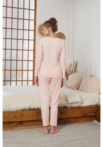 Siyah İnci Love Nakışlı Fitilli Örme Pijama Takım25226001 Somon