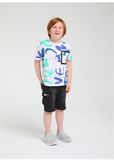 Escabel Erkek Çocuk Pamuklu Renkli Batik Yazılı Tshirt-12834-beyaz Beyaz