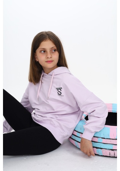 Toontoy Kids Toontoy Kız Çocuk 2'li Takım Baskılı Kapüşonlu Düşük Omuz Sweatshirt & Basic Düz Tayt Lila
