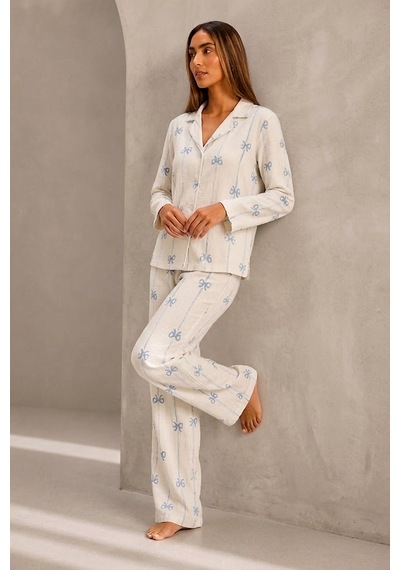 Fit Women Kadın Önden Düğmeli Uzun Kollu Alt Üst Beyaz Pijama Takımı