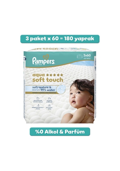 Prima Pampers Islak Havlu Mendil Aqua Soft Touch 3'lü Paket 180 Yaprak 3'lü Set