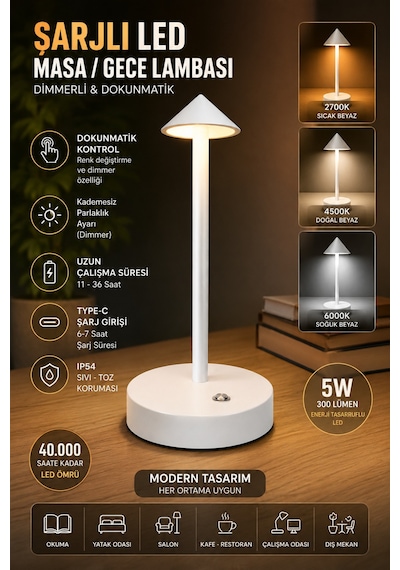 Şarjlı Usb'li Led'li Beyaz Gece Lambası 3 Farklı Işık Modlu Dokunmatik Dimmerli Dekoratif Metal Masa Lambası