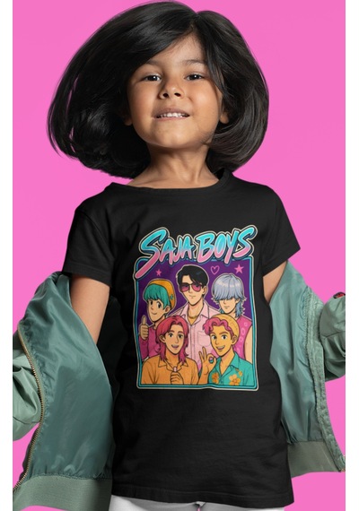 Sevbano Saja Boys Kpop Demon Hunters Müzik Grubu Baskılı Unisex Çocuk Tiş Siyah