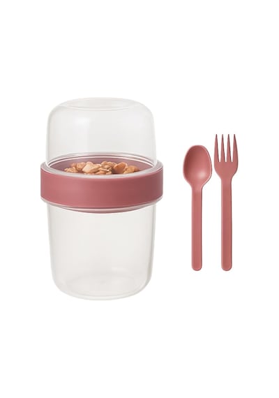 Pembe Saklama Kabı 2 Katlı Taşınabilir Yemek Kabı, Kaşık Ve Çatal Dahil 18x10 Cm Bakır