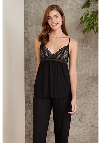 Pierre Cardin 2820 Kadın Siyah Dantelli Penye 3'lü Sabahlıklı Pijama Takım 001