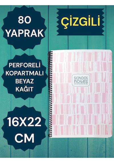 Çizgili 16x22 80 Yaprak Telli Defter Karton Kapak Perforeli Yeşil