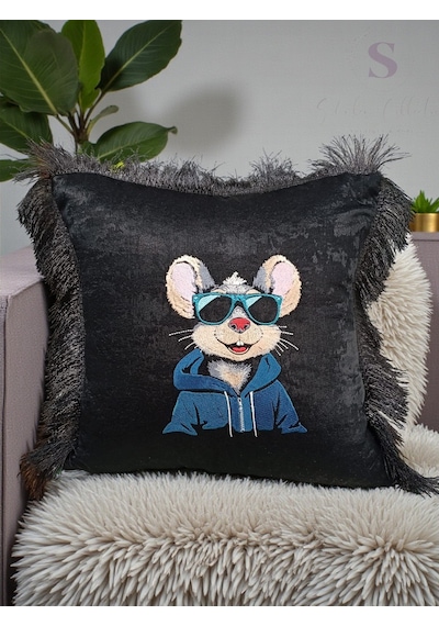 Tavşan Nakışlı Kadife Siyah Kırlent Kılıfı 1 Adet İçi Dolgulu 43 X 43 Cm Çok Renkli