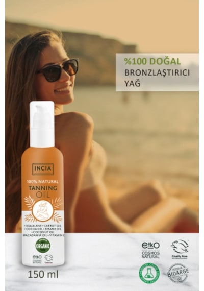INCIA %100 Doğal Bronzlaştırıcı Yağ Organik Avokado Yağı Yoğun Bronzlaştırıcı Kakao Havuç Susam 150 ML