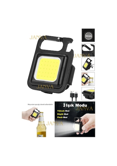 Metal Çok Fonksiyonlu Mini Led, Anahtarlı El Feneri, Flash, Mıknatıslı , Su Geçirmez, Açacaklı Usb Siyah