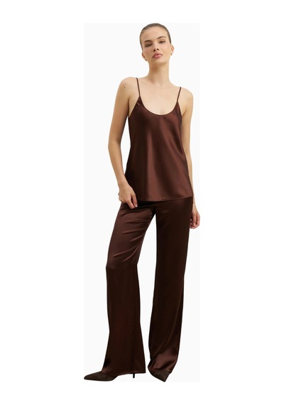 Because Of Alice Formal Satin Straight Leg Trousers Saten Düz Paça Kadın Pantolon Koyu Kahverengi