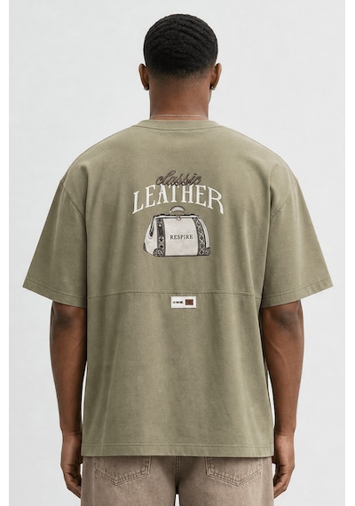 Respire Erkek Leather Baskılı Oversize T-shirt Haki