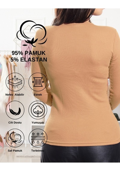 Alya Underwear Pamuklu Kaşkorse V Yaka Body Sweatshirt, Fitilli Kumaş Likralı Bluz, Asker Yeşili Badi Pudra