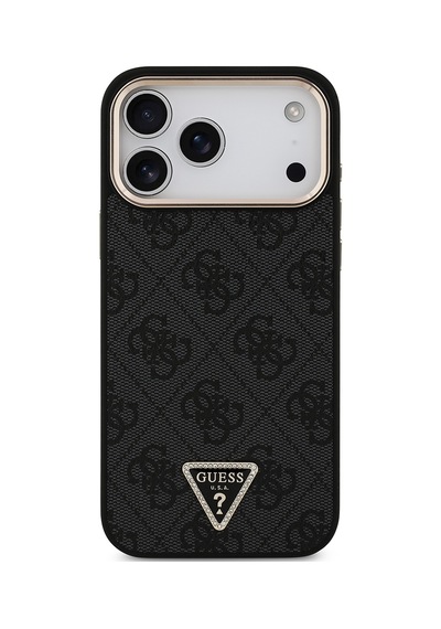Apple Uyumlu iPhone 17 Pro Max Kılıf Guess Lisanslı M-safeli Taşlı Üçgen Logo 4g Desenli Kapak Siyah Siyah