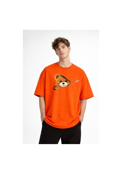 Alemdarshop Mn - Bear Baskılı Oversize Tişört Turuncu