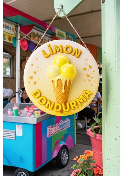 Limonlu Dondurma Görselli İpli Ahşap Kapı Ve Duvar Süsü, Cafe, Dondurmacı Tabelası, Tatlıcı Dekoru