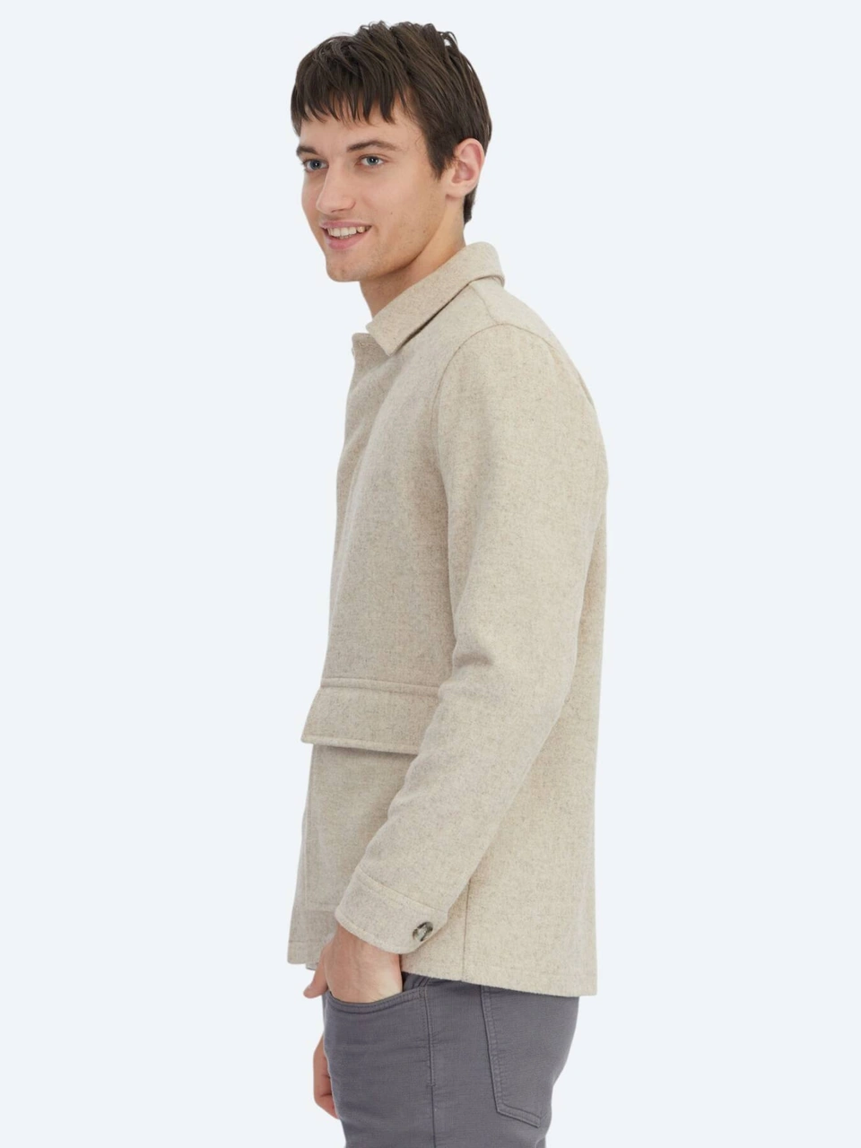 Kip Bej Oversize Fit Dokuma Yün Karışımlı Overshırt Bej