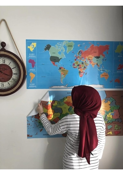 Dekoratif Tablo Eğitici Türkiye Ve Dünya Haritası Set Çocuk Duvar Yazı Tahtası Kağıt Tahta 118x56 Cm Diğer