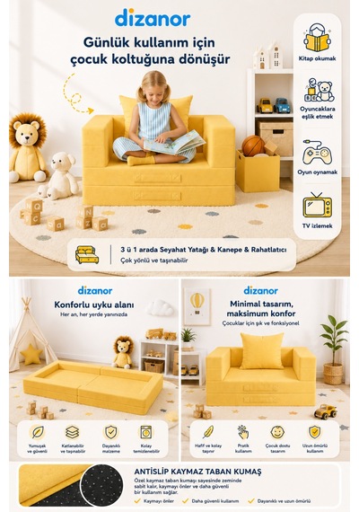 Cozygo Katlanabilir Çocuk Koltuğu Ve Yatağı 3 Ü 1 Arada Antislip Tabanlı Taşınabilir Oyun Alanı Sarı