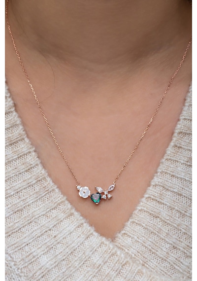 925 Ayar Gümüş Manolya Çiçeği Mistik Topaz Taşlı Kalp Yusufcuk Kolye Rose Gold