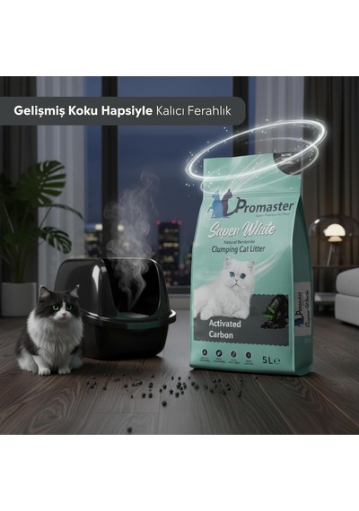 Süper Beyaz Doğal Bentonit Topaklanan Kedi Kumu Aktif Karbon Kokulu 5 Lt