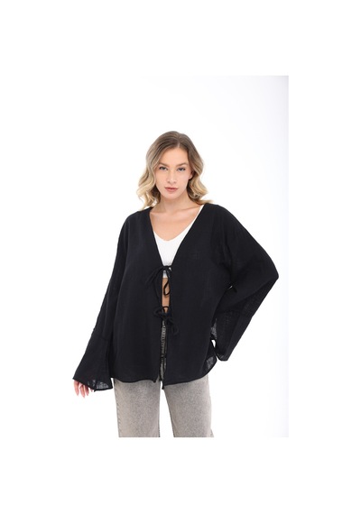 Blayn Jeans Blayn Kadın Keten Kimono Oversize Rahat Kalıp Yazlık Uzun Kollu Kimono Siyah