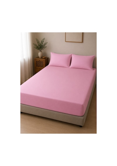 Çift Kişilik Lastikli Çarşaf Takımı 2 Adet Yastık Kılıflı 50x70 180x200+30 %100 Pamuk Pembe