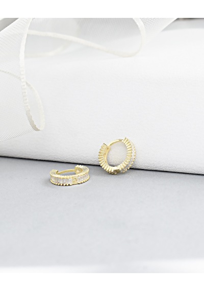 Brezza Lusso Jewelry 18k Serie Oro Baget Taşlı Minimal Halka Kadın Gümüş Küpe 13 Mm