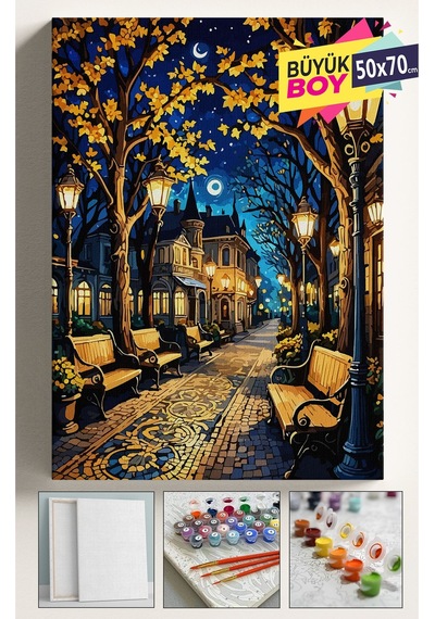 Sayılarla Boyama Seti Numaralı Tuval Fırça Boya Dahil Kasnaklı Set 50x70 Cm - Işıklı Yol