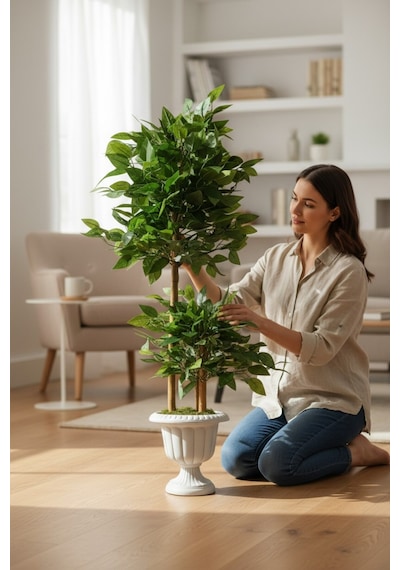 Yapay Çiçek Nergiz Saksıda Benjamin Salon Ağacı Yeşil Bitkisi Bambu Gövdeli Dolgun 145-105 Cm Yeşil