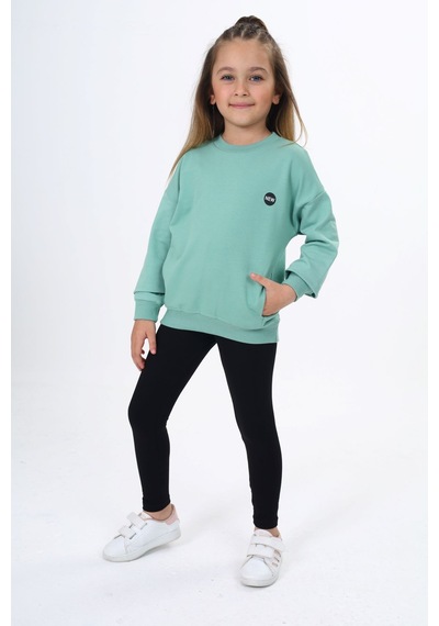 Toontoy Kids Toontoy Kız Çocuk 2'li Takım Baskılı Bisiklet Yaka Düşük Omuz Cepli Sweatshirt & Basic Düz Tayt Yeşil