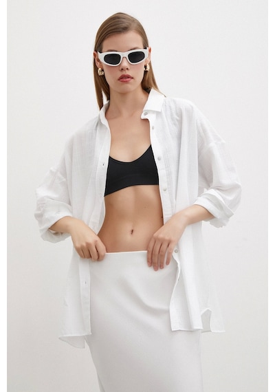 Never More Oversize Keten Gömlek Beyaz Beyaz
