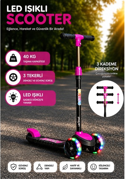 Scooter Yeni Swing 3tekerli Led Işıklı 40kğ Kapasiteli 3+yaş Uygun Pembe