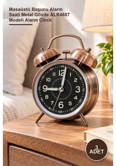 3 Adet Metal Çalar Saat Masaüstü Başucu Alarm Saati Metal Gövde Alk4687 Modeli Alarm Clock Diğer