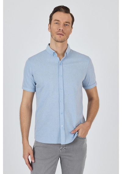 İmza Koyu Mavi Kısa Kol Düz Örme Düğmeli Yaka Cepsiz Pamuklu Classic Slim Fit Gömlek 1004250155 300 Koyu Mavi
