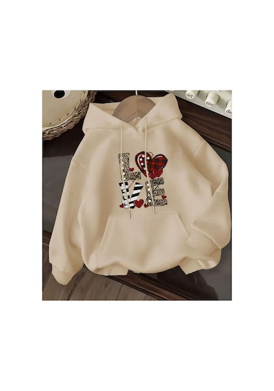 Herkesemoda Love Yazı Detaylı İçi Polarlı Kapüşonlu Sweatshirt Bej