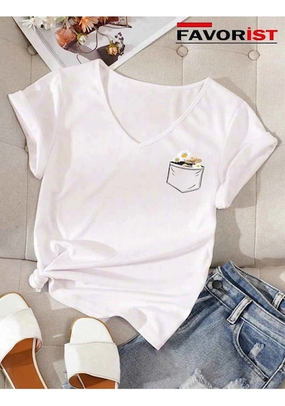 Startmore V Yaka Basic Çiçek Baskılı Pamuklu Tshirt Normal Beyaz