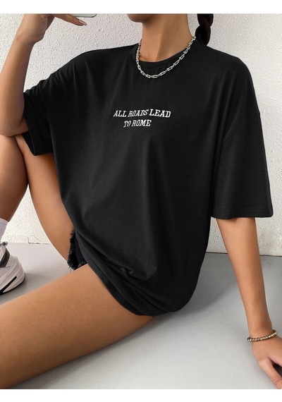 To Rome T-shirt - Siyah Baskılı Oversize Bisiklet Yaka Kısa Kol Tişört Siyah