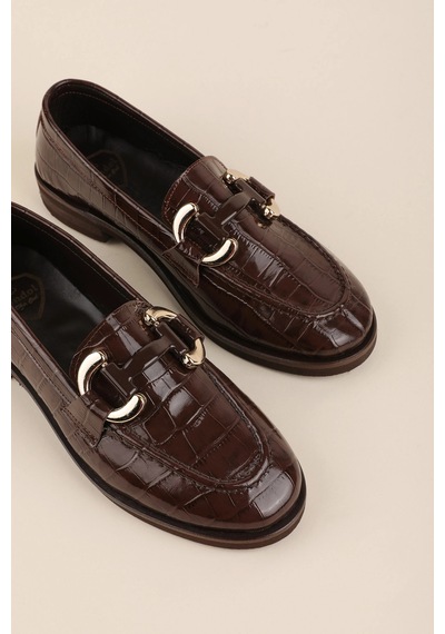 Gondol Kadın Hakiki Deri Tokalı Loafer Ayakkabı Crm.181 Kahve Croco