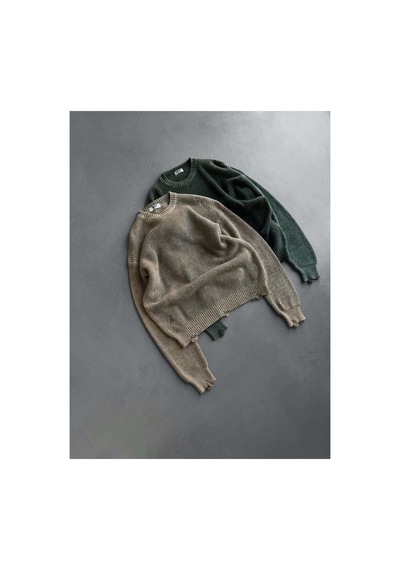 Elku Moda Oversize Eskitme Detaylı Yırtık Triko Kazak Vintage Yıkamalı Streetwear Knitwear Açık Bej