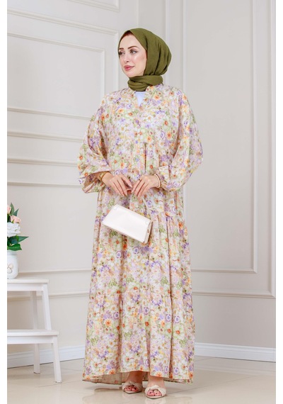 Sevitli Lilyum Çiçekli Elbise-kahverengi-5322